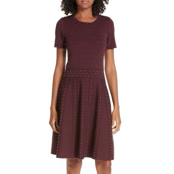 Sandro Paris Montaigne Metallic Bead Fit & Flare Dress Sz 38 (US 6) Maroon GUC! - Picture 1 of 7